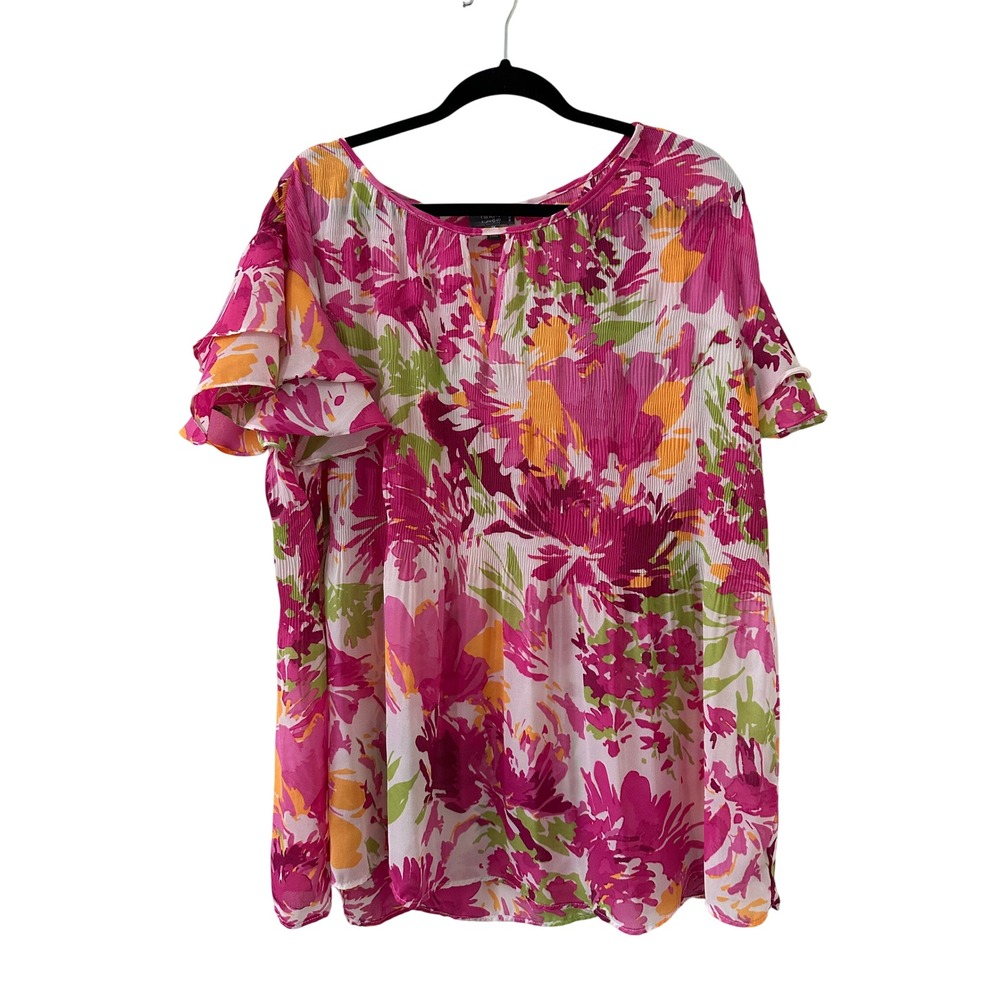 Ninety Clothing Co Woman 2X Floral Ruffle Sleeve Blouse Pink Tropical Summer